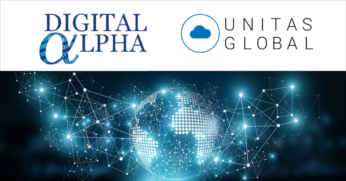 Digital Alpha and Unitas Global's logos above a connected globe image